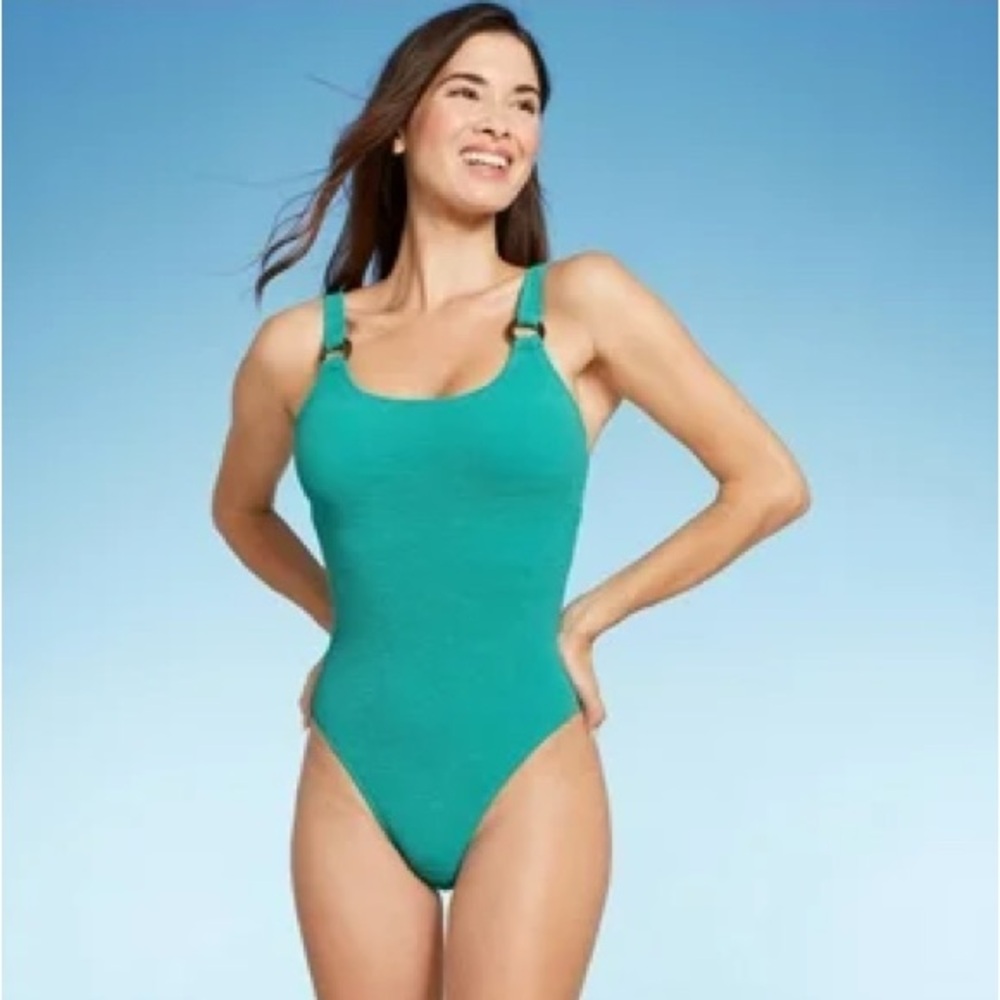 Shade & Shore Green Puckered One Piece Swimsuit Small NWT